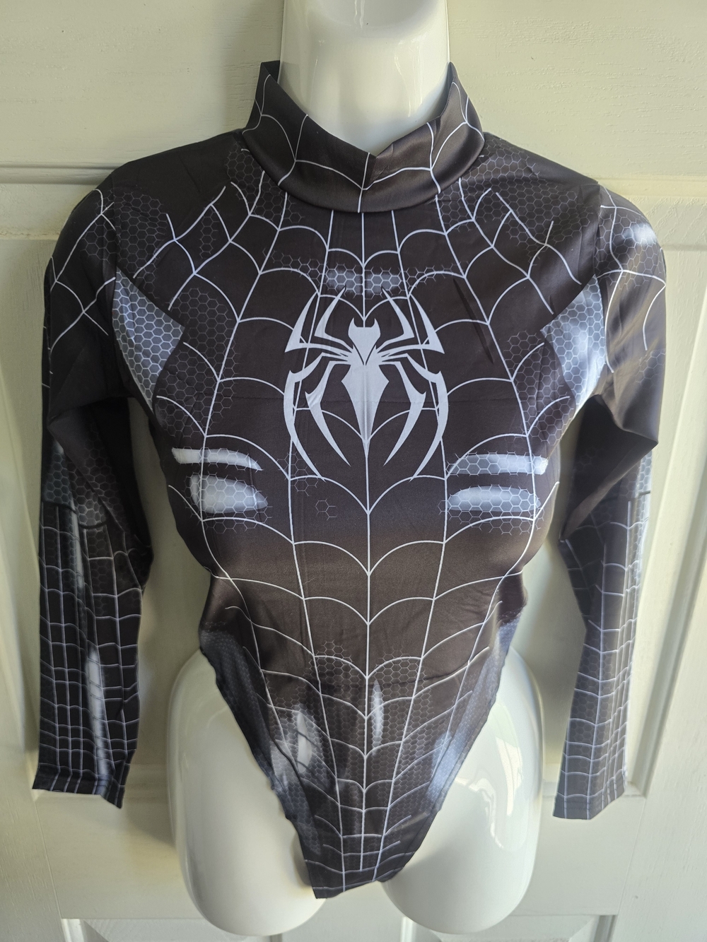 Black Spider Web Long-Sleeve Bodysuit for Women